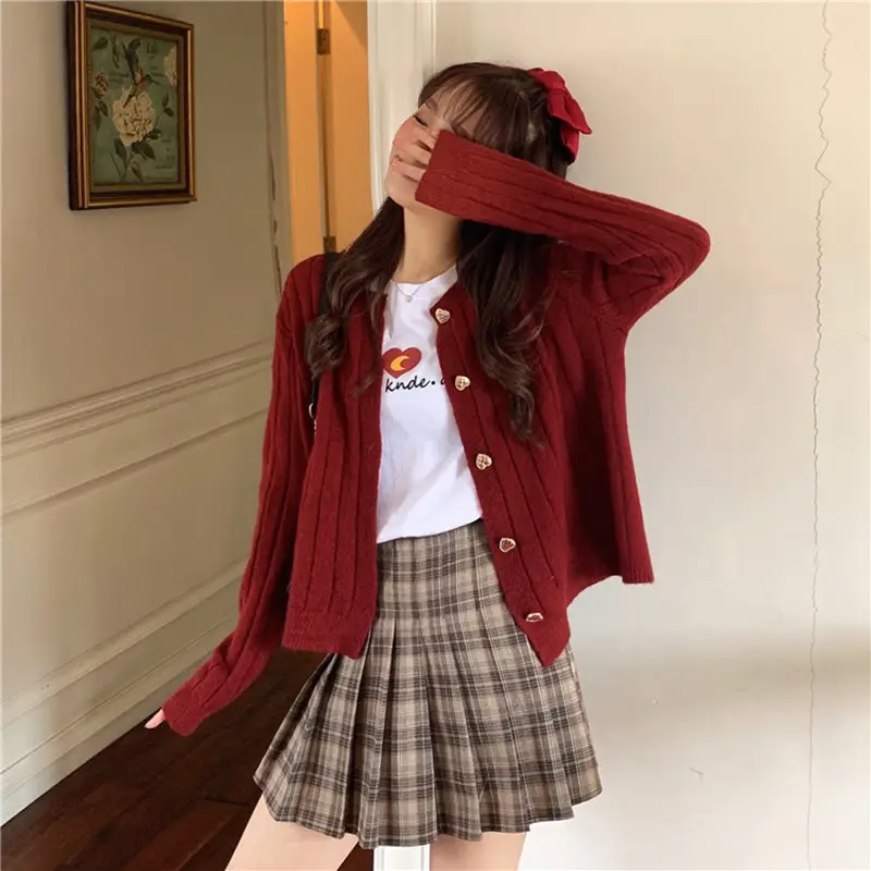 Sweet Love Button Cardigan Sweater Red Plaid Skirt