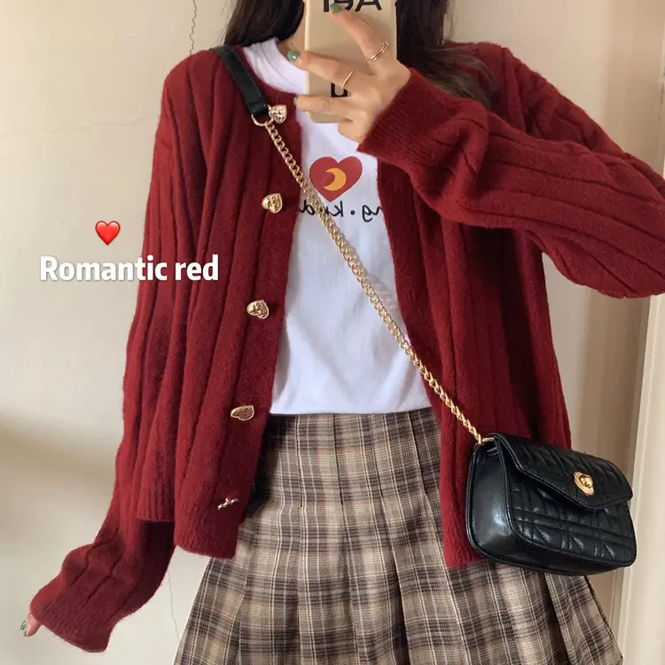 Sweet Love Button Cardigan Sweater Red Plaid Skirt