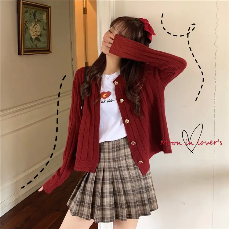 Sweet Love Button Cardigan Sweater Red Plaid Skirt — feature 3