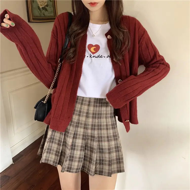Sweet Love Button Cardigan Sweater Red Plaid Skirt — feature 5
