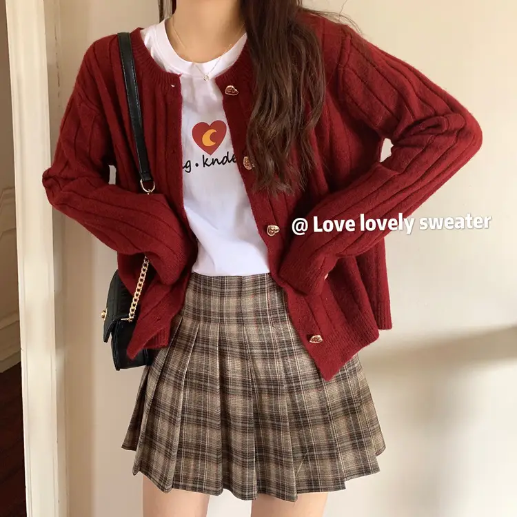 Sweet Love Button Cardigan Sweater Red Plaid Skirt — feature 7
