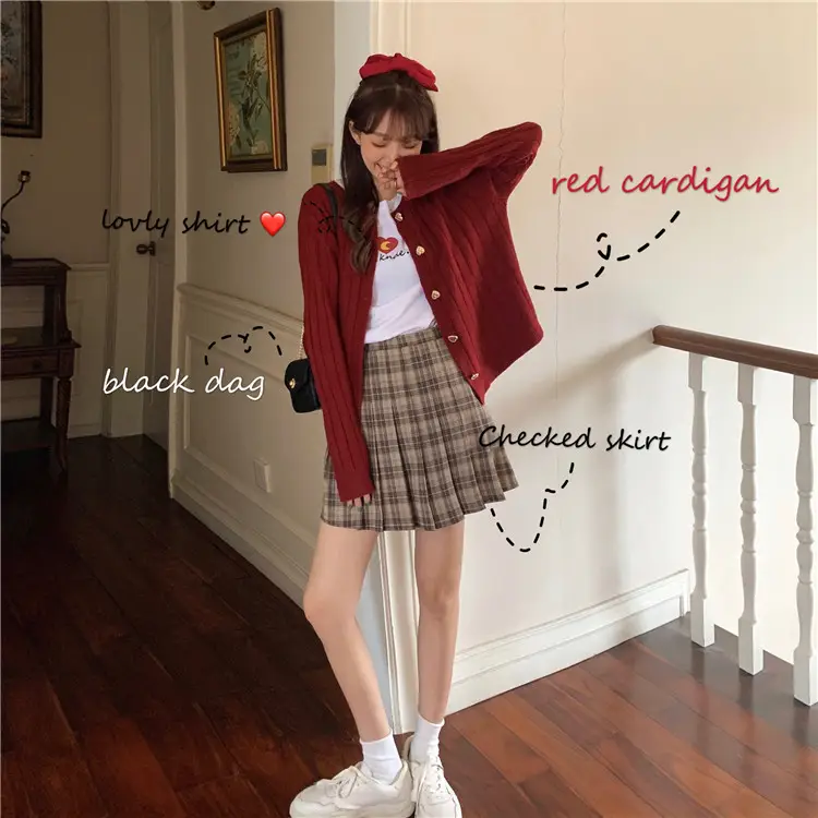 Sweet Love Button Cardigan Sweater Red Plaid Skirt — feature 8