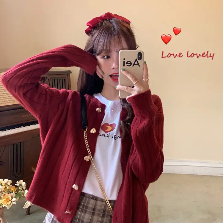 Sweet Love Button Cardigan Sweater Red Plaid Skirt — feature 9