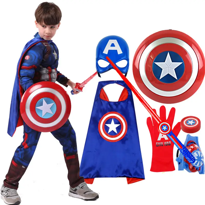 Captain America Costume Kids Blue StarPrint Luminous Shield Mask Suit