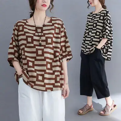 Mom's Korean Style Short Sleeve T-Shirt Retro Plaid Loose Large - Image 3
