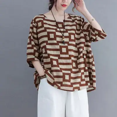 Mom's Korean Style Short Sleeve T-Shirt Retro Plaid Loose Large - Image 4