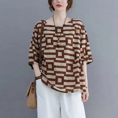 Mom's Korean Style Short Sleeve T-Shirt Retro Plaid Loose Large - Image 6
