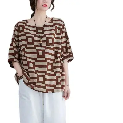 Mom's Korean Style Short Sleeve T-Shirt Retro Plaid Loose Large - Image 7