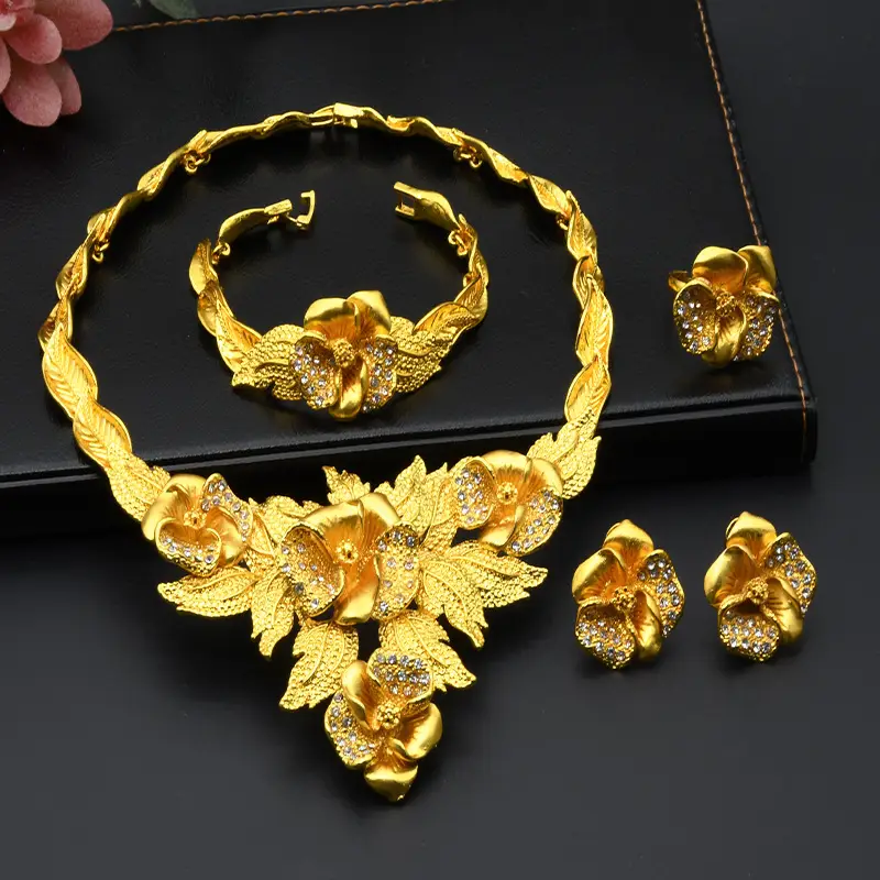 Dubai 24K Gold Jewelry African Bridal Jewelry Set Saudi Ladies Necklace Bracelet Earrings Ring Four-Piece Set