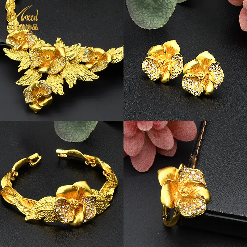 Dubai 24K Gold Jewelry African Bridal Jewelry Set Saudi Ladies Necklace Bracelet Earrings Ring Four-Piece Set