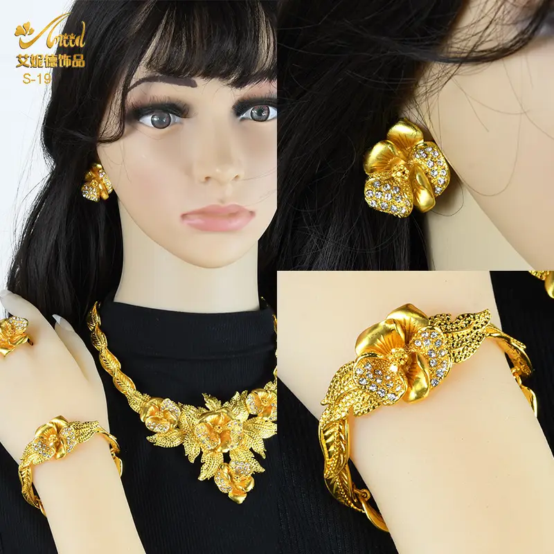 Dubai 24K Gold Jewelry African Bridal Jewelry Set Saudi Ladies Necklace Bracelet Earrings Ring Four-Piece Set