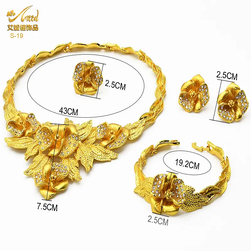 Dubai 24K Gold Jewelry African Bridal Jewelry Set Saudi Ladies Necklace Bracelet Earrings Ring Four-Piece Set