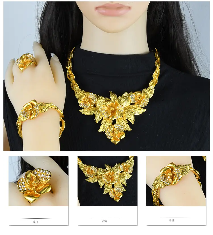 Dubai 24K Gold Jewelry African Bridal Jewelry Set Saudi Ladies Necklace Bracelet Earrings Ring Four-Piece Set — feature 10