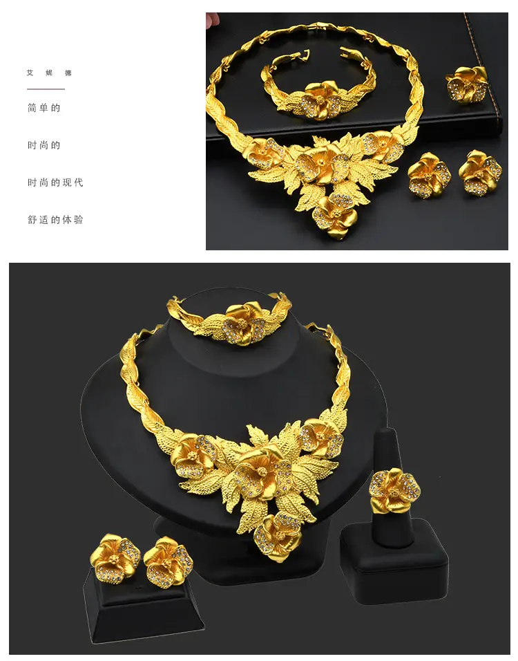 Dubai 24K Gold Jewelry African Bridal Jewelry Set Saudi Ladies Necklace Bracelet Earrings Ring Four-Piece Set — feature 11