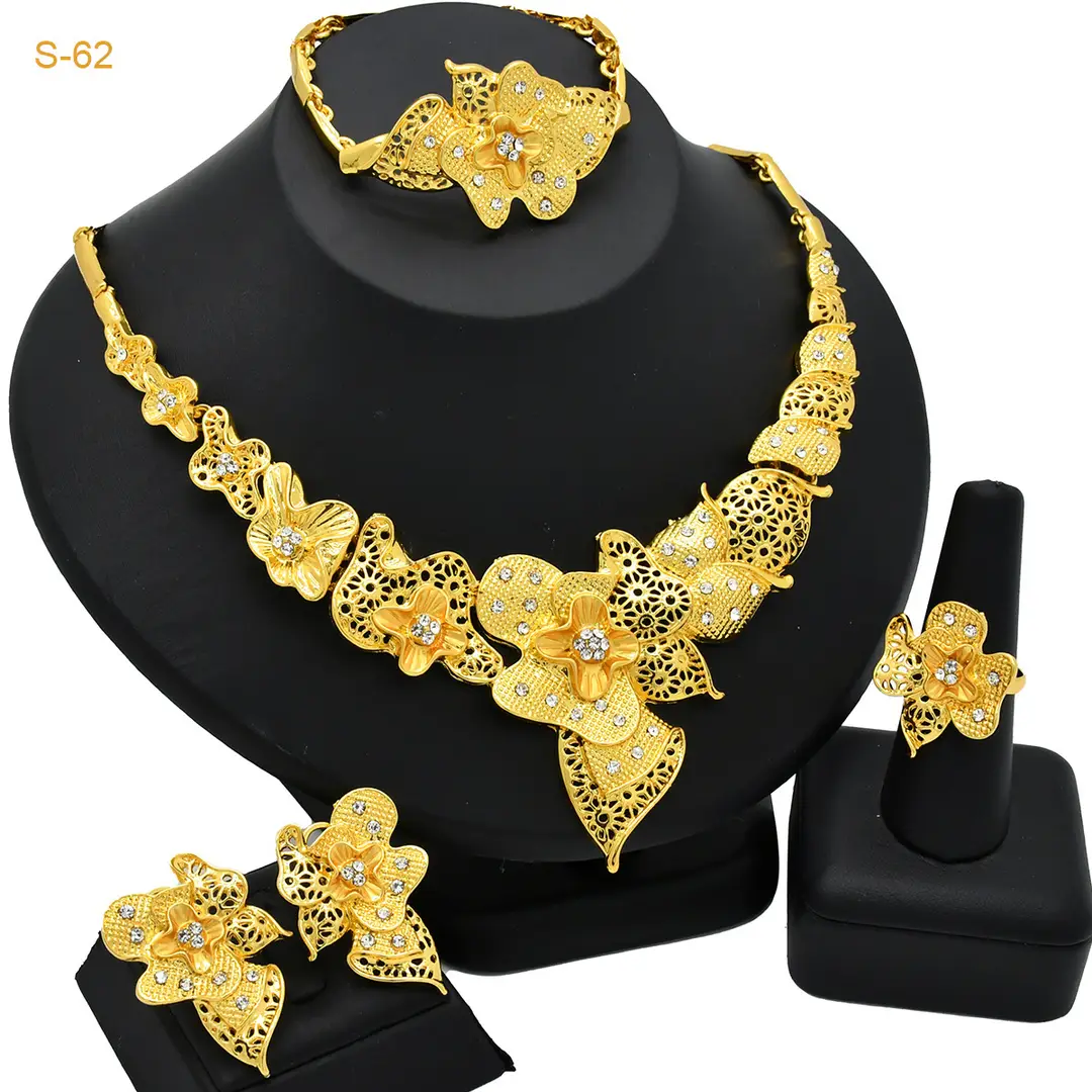 Dubai 24K Gold Jewelry African Bridal Jewelry Set Saudi Ladies Necklace Bracelet Earrings Ring Four-Piece Set