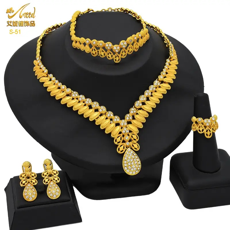 Dubai 24K Gold Jewelry African Bridal Jewelry Set Saudi Ladies Necklace Bracelet Earrings Ring Four-Piece Set