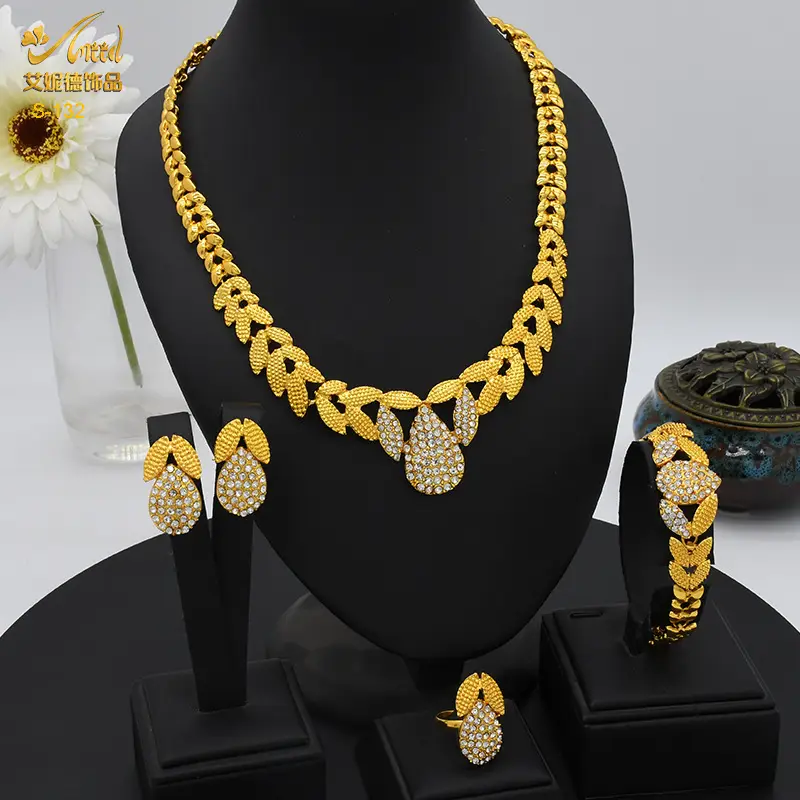 Dubai 24K Gold Jewelry African Bridal Jewelry Set Saudi Ladies Necklace Bracelet Earrings Ring Four-Piece Set