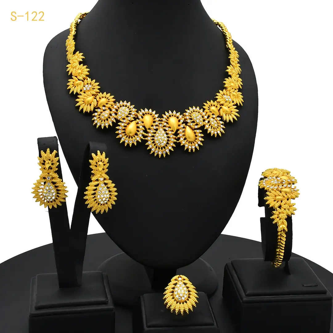 Dubai 24K Gold Jewelry African Bridal Jewelry Set Saudi Ladies Necklace Bracelet Earrings Ring Four-Piece Set