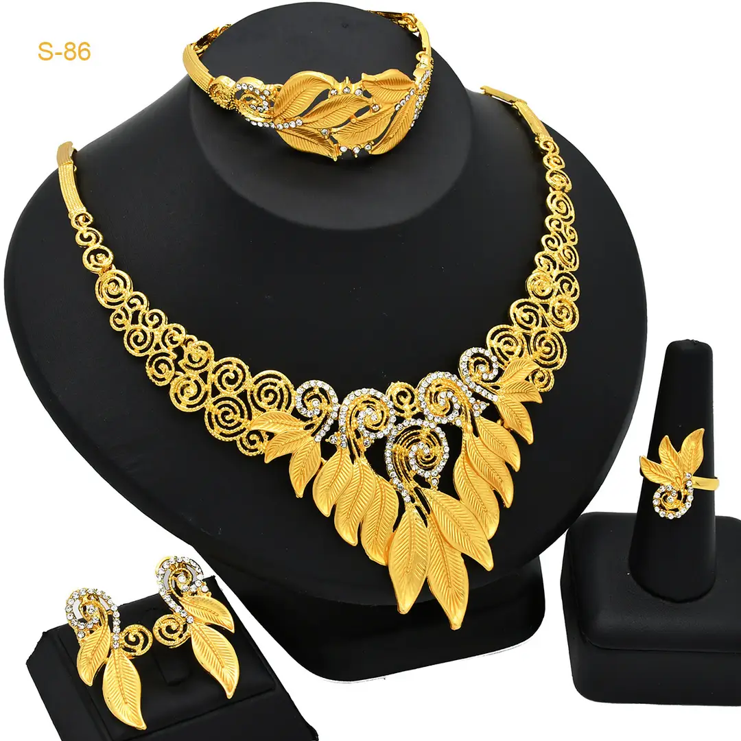Dubai 24K Gold Jewelry African Bridal Jewelry Set Saudi Ladies Necklace Bracelet Earrings Ring Four-Piece Set