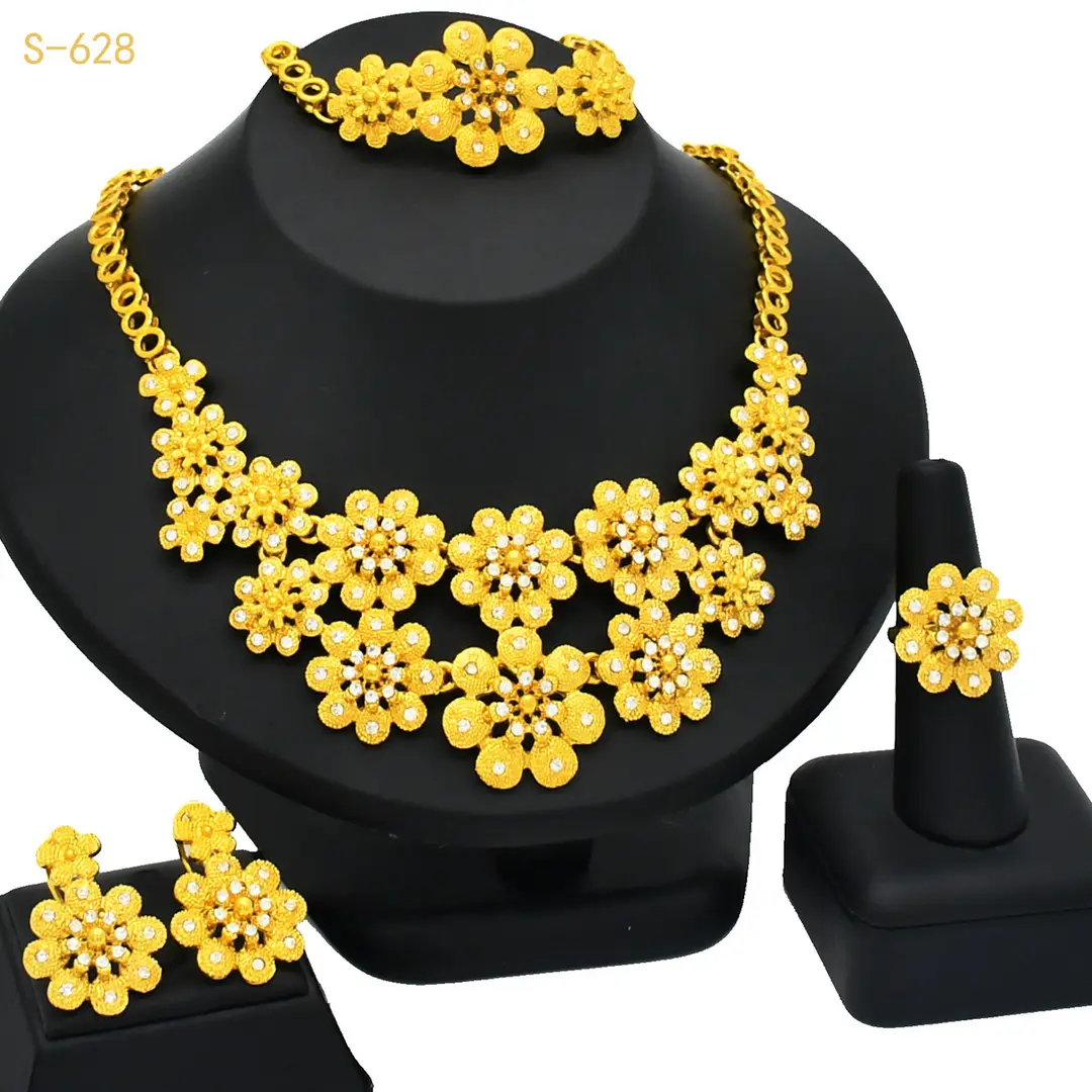 Dubai 24K Gold Jewelry African Bridal Jewelry Set Saudi Ladies Necklace Bracelet Earrings Ring Four-Piece Set
