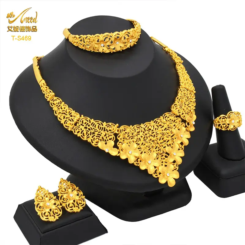 Dubai 24K Gold Jewelry African Bridal Jewelry Set Saudi Ladies Necklace Bracelet Earrings Ring Four-Piece Set