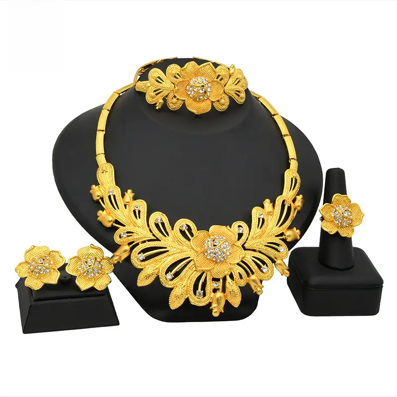 Dubai 24K Gold Jewelry African Bridal Jewelry Set Saudi Ladies Necklace Bracelet Earrings Ring Four-Piece Set