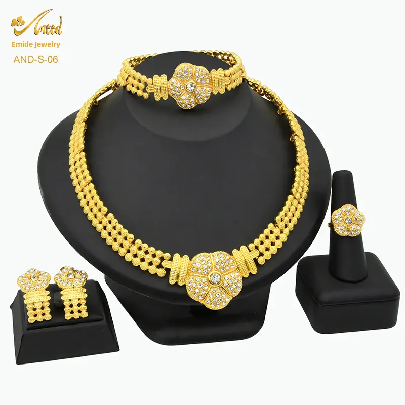 Dubai 24K Gold Jewelry African Bridal Jewelry Set Saudi Ladies Necklace Bracelet Earrings Ring Four-Piece Set