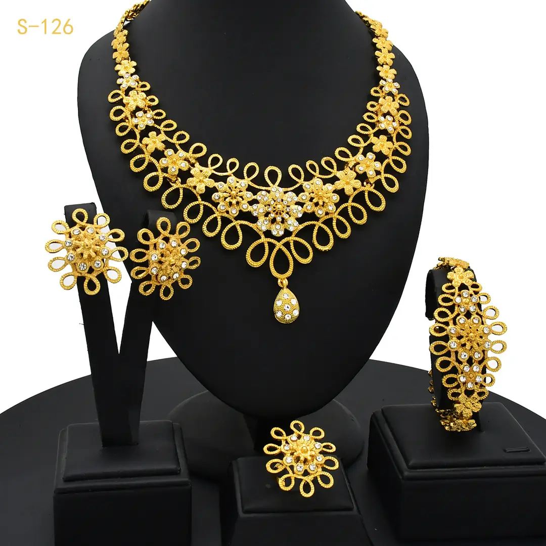 Dubai 24K Gold Jewelry African Bridal Jewelry Set Saudi Ladies Necklace Bracelet Earrings Ring Four-Piece Set