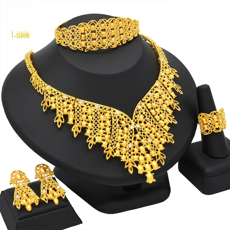 Dubai 24K Gold Jewelry African Bridal Jewelry Set Saudi Ladies Necklace Bracelet Earrings Ring Four-Piece Set