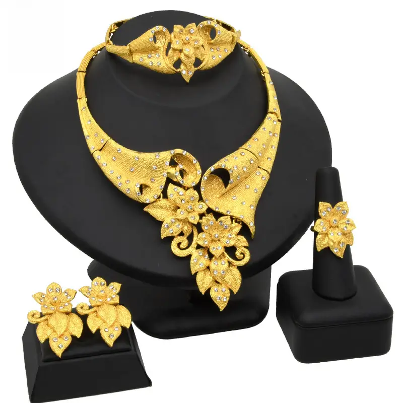 Dubai 24K Gold Jewelry African Bridal Jewelry Set Saudi Ladies Necklace Bracelet Earrings Ring Four-Piece Set