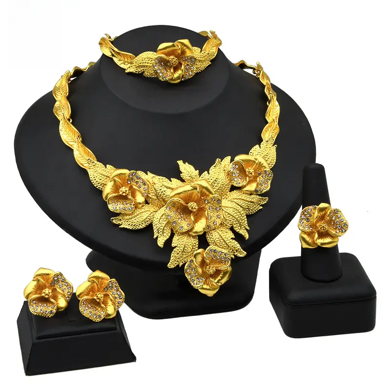 Dubai 24K Gold Jewelry African Bridal Jewelry Set Saudi Ladies Necklace Bracelet Earrings Ring Four-Piece Set