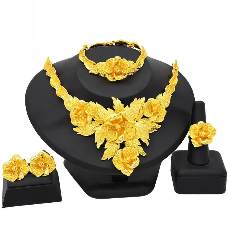 Dubai 24K Gold Jewelry African Bridal Jewelry Set Saudi Ladies Necklace Bracelet Earrings Ring Four-Piece Set
