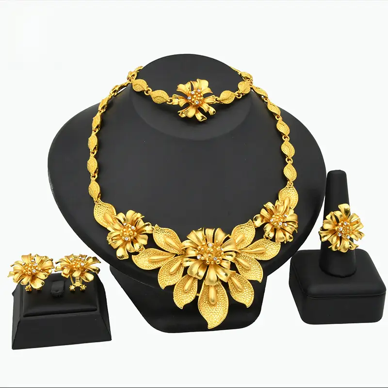 Dubai 24K Gold Jewelry African Bridal Jewelry Set Saudi Ladies Necklace Bracelet Earrings Ring Four-Piece Set