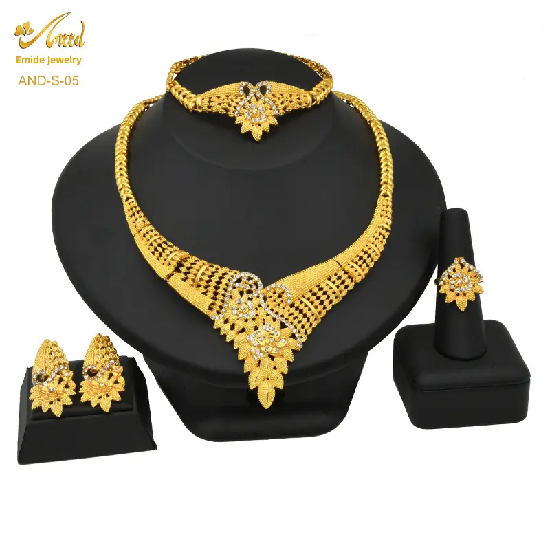 Dubai 24K Gold Jewelry African Bridal Jewelry Set Saudi Ladies Necklace Bracelet Earrings Ring Four-Piece Set