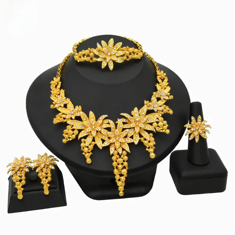 Dubai 24K Gold Jewelry African Bridal Jewelry Set Saudi Ladies Necklace Bracelet Earrings Ring Four-Piece Set