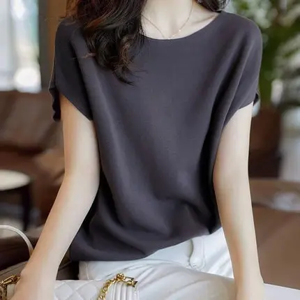 Women Ice Silk Collar T-Shirt Bat Sleeve Light Blue - Image 7