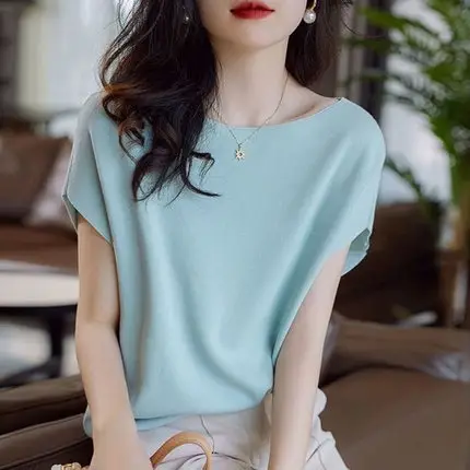 Women Ice Silk Collar T-Shirt Bat Sleeve Light Blue - Image 8