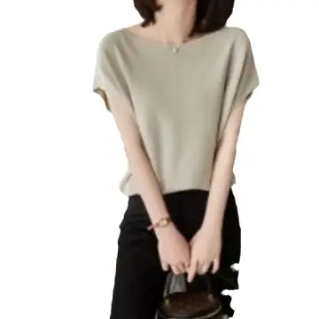 Women Ice Silk Collar T-Shirt Bat Sleeve Light Blue - Image 9