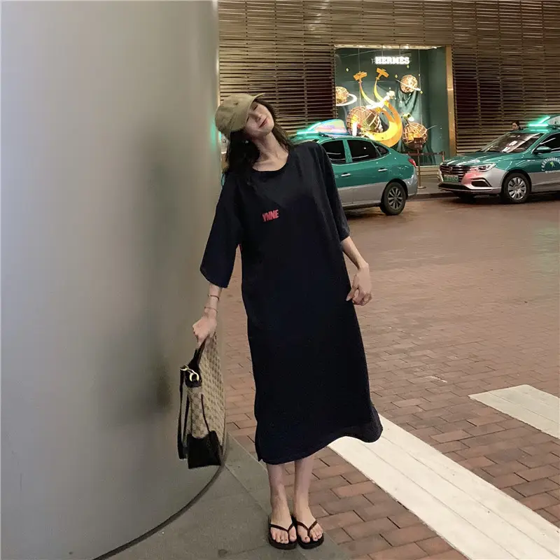 2024 Plus Size Women Long T-Shirt Skirt Set Black