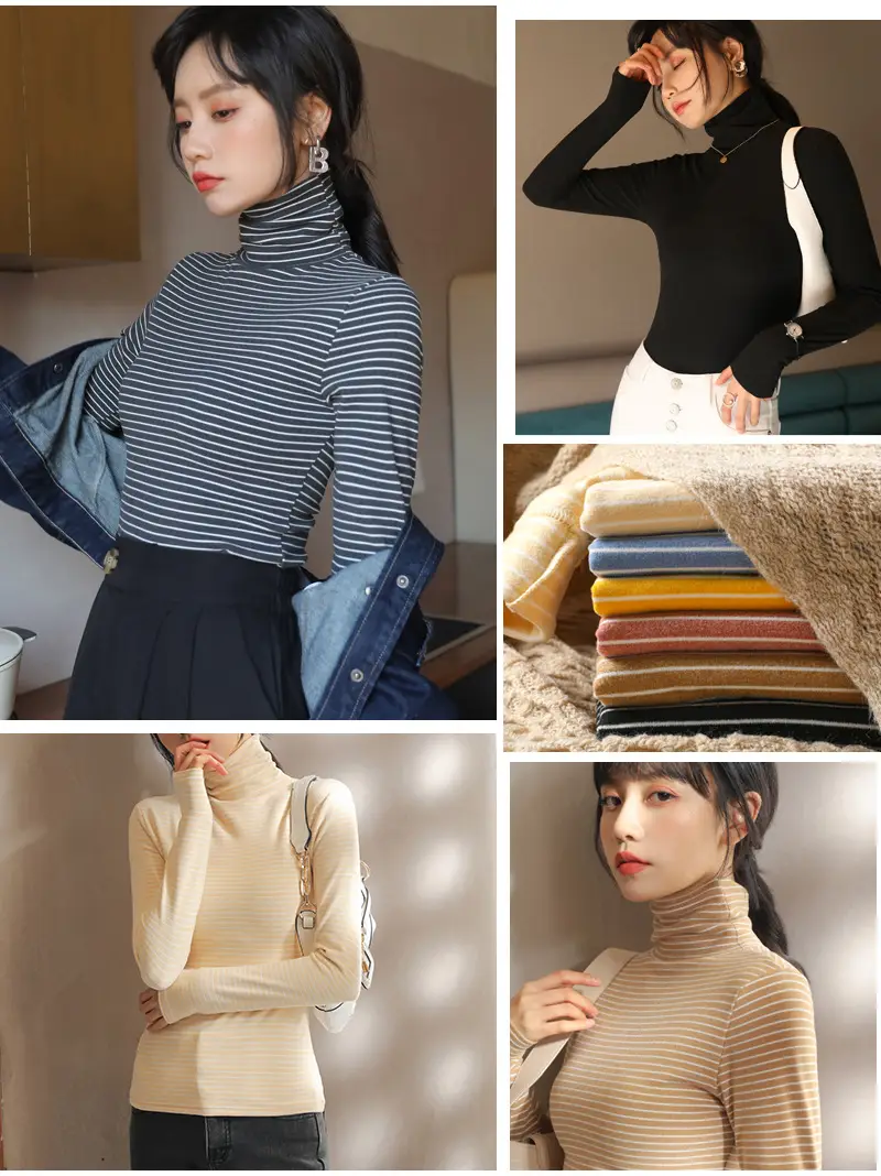 Women's Striped Turtleneck Shirt with Velvet Fleece Lining