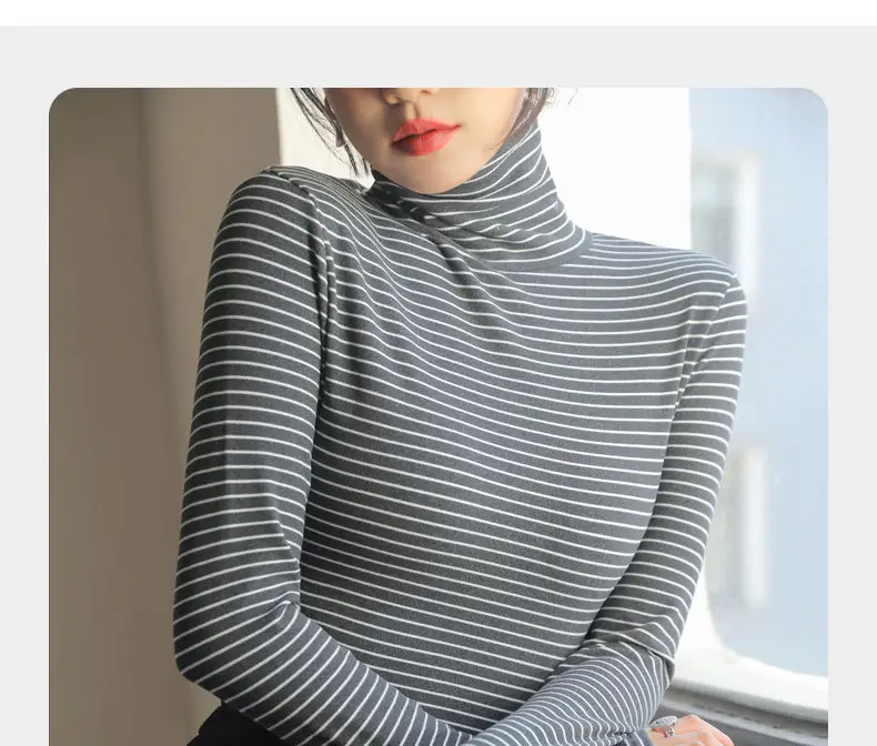 Women's Striped Turtleneck Shirt with Velvet Fleece Lining — feature 15