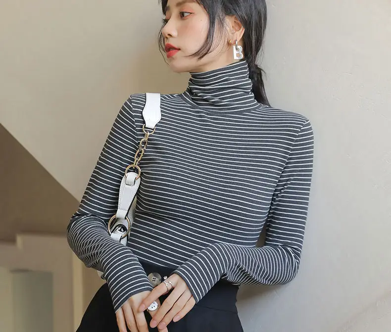 Women's Striped Turtleneck Shirt with Velvet Fleece Lining — feature 17