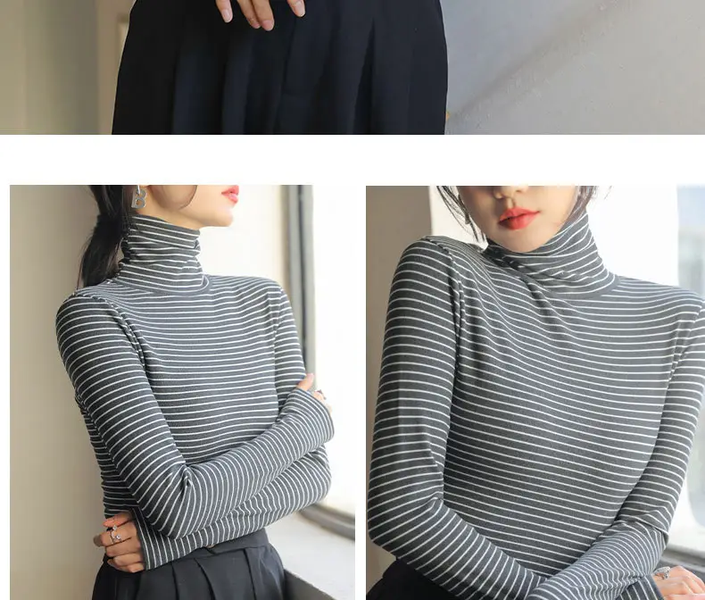 Women's Striped Turtleneck Shirt with Velvet Fleece Lining — feature 18