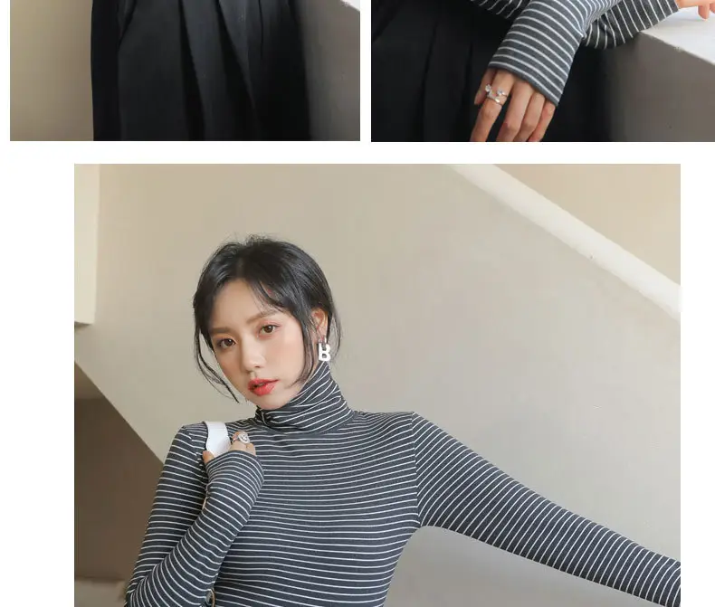 Women's Striped Turtleneck Shirt with Velvet Fleece Lining — feature 19