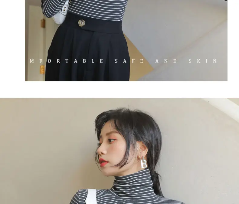 Women's Striped Turtleneck Shirt with Velvet Fleece Lining — feature 20