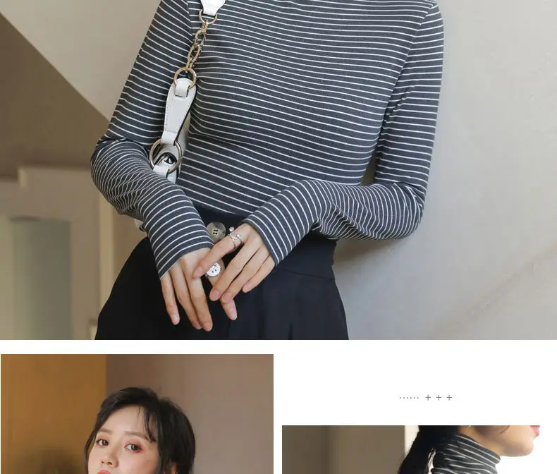 Women's Striped Turtleneck Shirt with Velvet Fleece Lining — feature 21