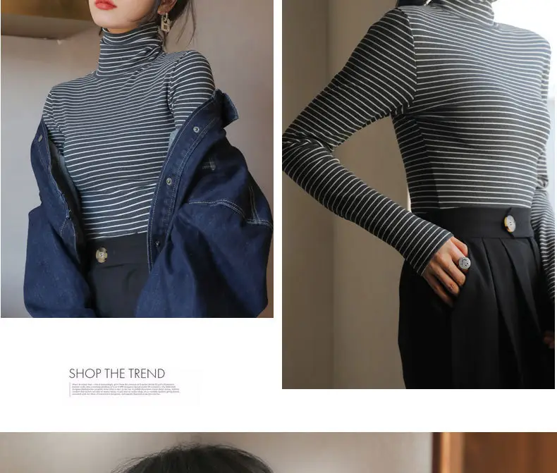 Women's Striped Turtleneck Shirt with Velvet Fleece Lining — feature 22