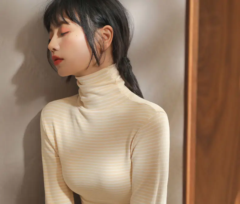 Women's Striped Turtleneck Shirt with Velvet Fleece Lining — feature 23