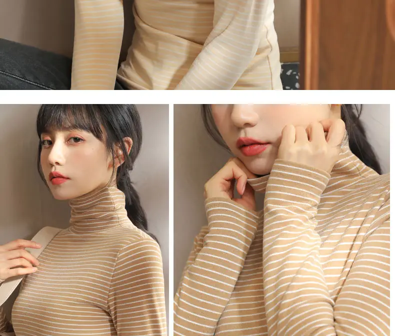 Women's Striped Turtleneck Shirt with Velvet Fleece Lining — feature 24