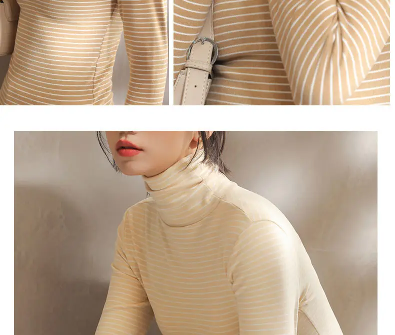 Women's Striped Turtleneck Shirt with Velvet Fleece Lining — feature 25